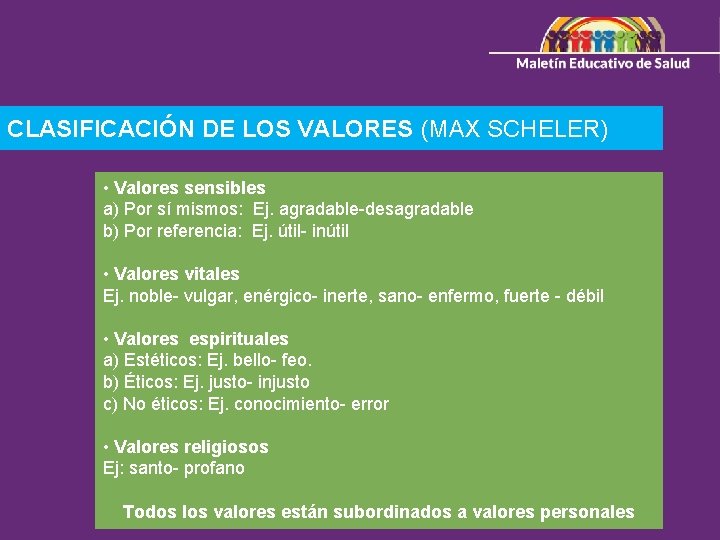 CLASIFICACIÓN DE LOS VALORES (MAX SCHELER) • Valores sensibles a) Por sí mismos: Ej.