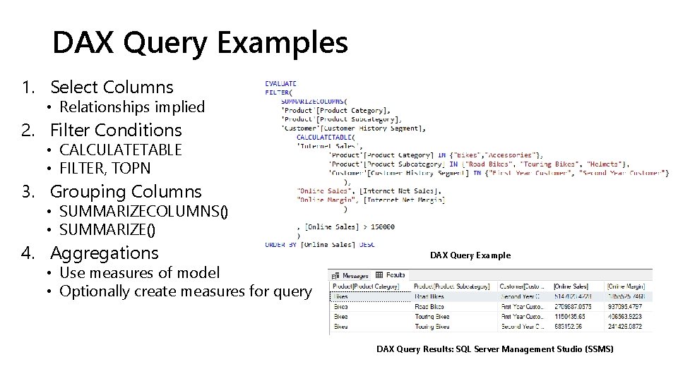 DAX Query Examples 1. Select Columns • Relationships implied 2. Filter Conditions • CALCULATETABLE DAX Query Examples 1. Select Columns • Relationships implied 2. Filter Conditions • CALCULATETABLE