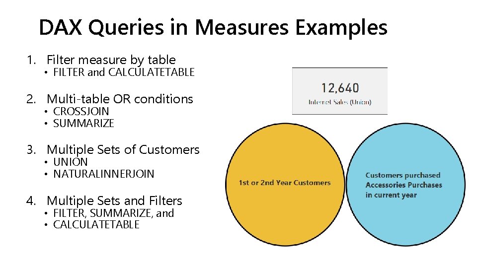 DAX Queries in Measures Examples 1. Filter measure by table • FILTER and CALCULATETABLE