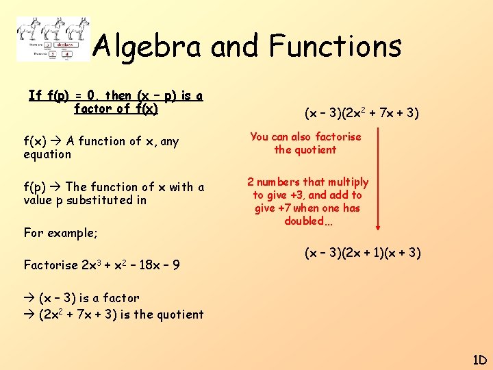 Algebra and Functions If f(p) = 0, then (x – p) is a factor