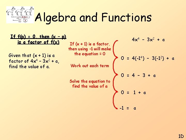 Algebra and Functions If f(p) = 0, then (x – p) is a factor