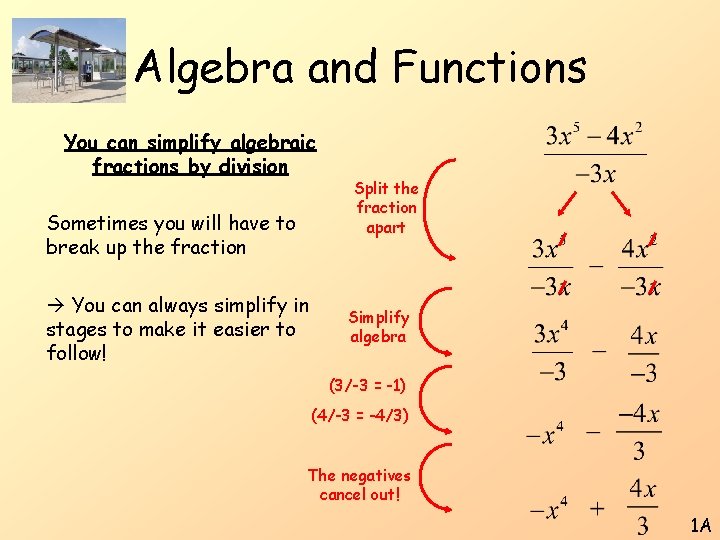 Algebra and Functions You can simplify algebraic fractions by division Sometimes you will have