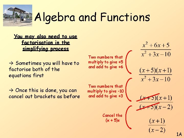 Algebra and Functions You may also need to use factorisation in the simplifying process