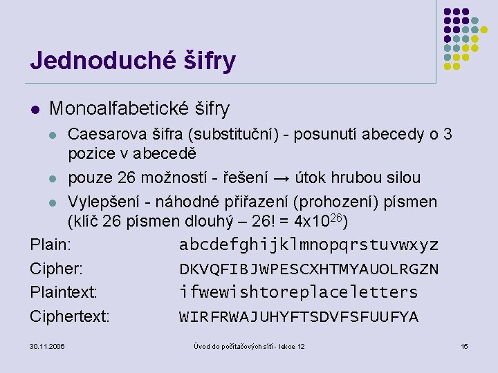 Jednoduché šifry l Monoalfabetické šifry Caesarova šifra (substituční) - posunutí abecedy o 3 pozice