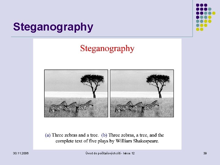 Steganography 30. 11. 2006 Úvod do počítačových sítí - lekce 12 39 