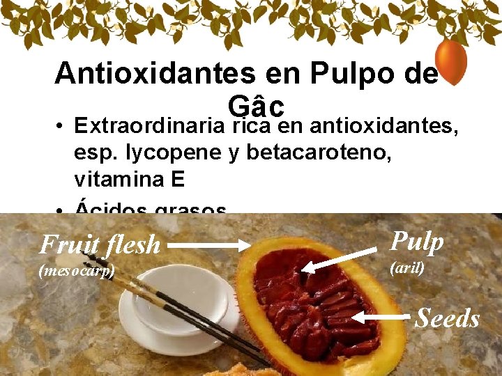 Antioxidantes en Pulpo de Gâc • Extraordinaria rica en antioxidantes, esp. lycopene y betacaroteno,