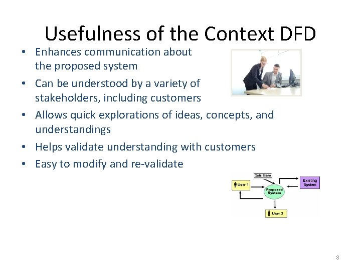 Usefulness of the Context DFD • Enhances communication about the proposed system • Can Usefulness of the Context DFD • Enhances communication about the proposed system • Can