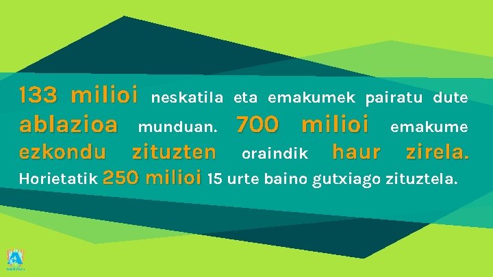 133 milioi neskatila eta emakumek pairatu dute ablazioa munduan. 700 milioi emakume ezkondu zituzten