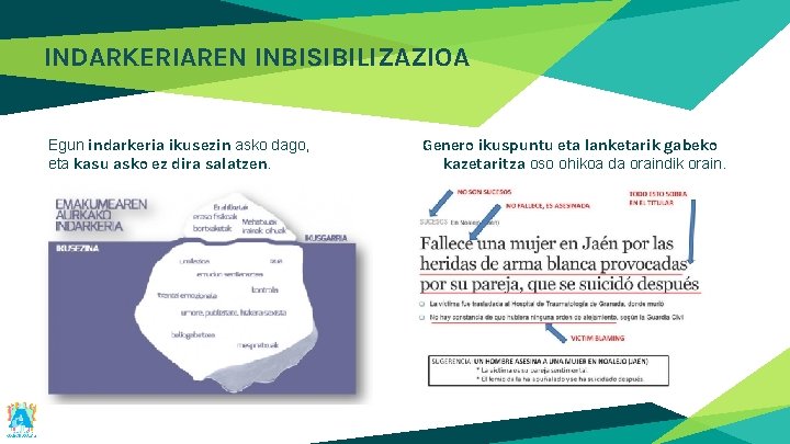 INDARKERIAREN INBISIBILIZAZIOA Egun indarkeria ikusezin asko dago, eta kasu asko ez dira salatzen. Genero