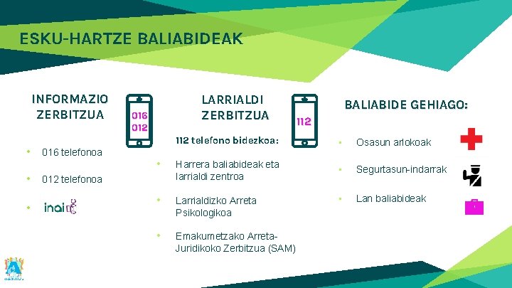 ESKU-HARTZE BALIABIDEAK INFORMAZIO ZERBITZUA • • • 016 telefonoa LARRIALDI ZERBITZUA 016 012 112