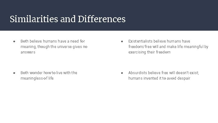 Similarities and Differences ● Both believe humans have a need for meaning, though the