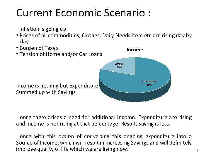 Current Economic Scenario : • Inflation is going up • Prices of all commodities,