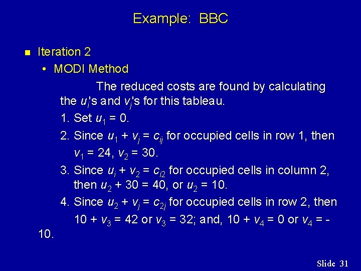 Example: BBC n Iteration 2 • MODI Method The reduced costs are found by Example: BBC n Iteration 2 • MODI Method The reduced costs are found by