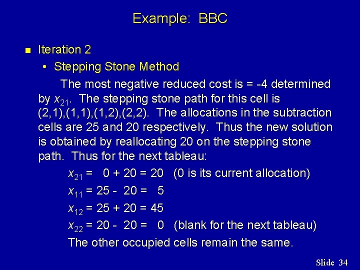 Example: BBC n Iteration 2 • Stepping Stone Method The most negative reduced cost Example: BBC n Iteration 2 • Stepping Stone Method The most negative reduced cost
