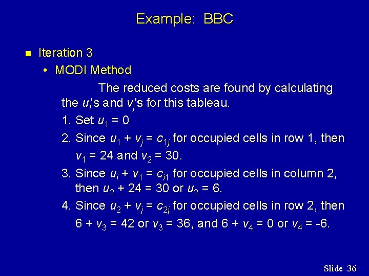 Example: BBC n Iteration 3 • MODI Method The reduced costs are found by Example: BBC n Iteration 3 • MODI Method The reduced costs are found by