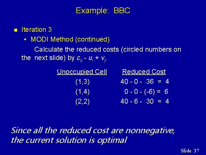Example: BBC n Iteration 3 • MODI Method (continued) Calculate the reduced costs (circled Example: BBC n Iteration 3 • MODI Method (continued) Calculate the reduced costs (circled