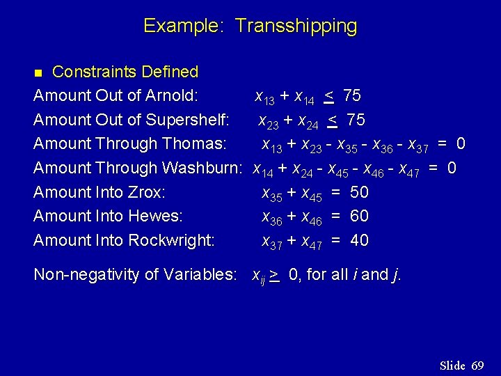 Example: Transshipping Constraints Defined Amount Out of Arnold: Amount Out of Supershelf: Amount Through Example: Transshipping Constraints Defined Amount Out of Arnold: Amount Out of Supershelf: Amount Through