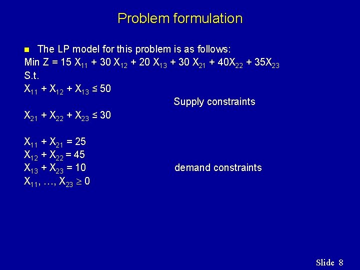 Problem formulation The LP model for this problem is as follows: Min Z = Problem formulation The LP model for this problem is as follows: Min Z =