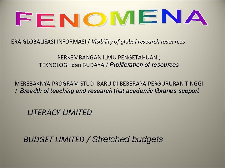 ERA GLOBALISASI INFORMASI / Visibility of global research resources PERKEMBANGAN ILMU PENGETAHUAN ; TEKNOLOGI