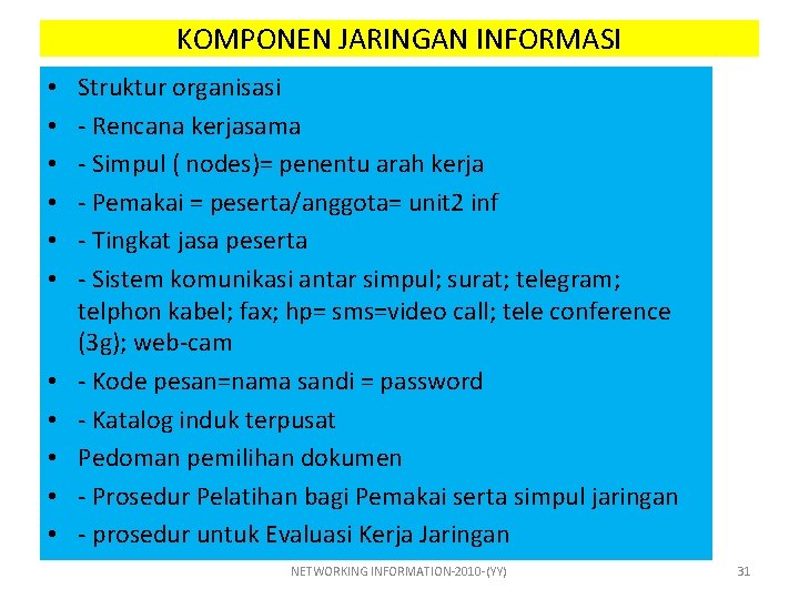 KOMPONEN JARINGAN INFORMASI • • • Struktur organisasi - Rencana kerjasama - Simpul (