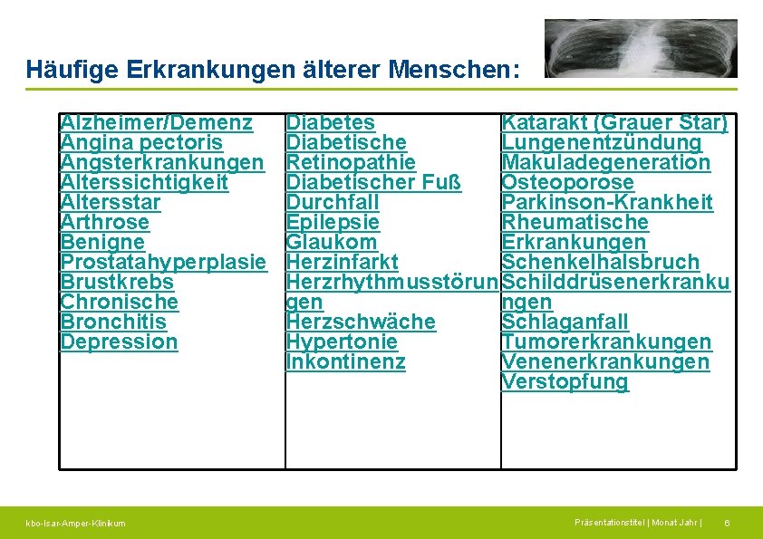 Häufige Erkrankungen älterer Menschen: Alzheimer/Demenz Angina pectoris Angsterkrankungen Alterssichtigkeit Altersstar Arthrose Benigne Prostatahyperplasie Brustkrebs