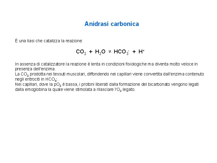 Anidrasi carbonica È una liasi che catalizza la reazione: CO 2 + H 2