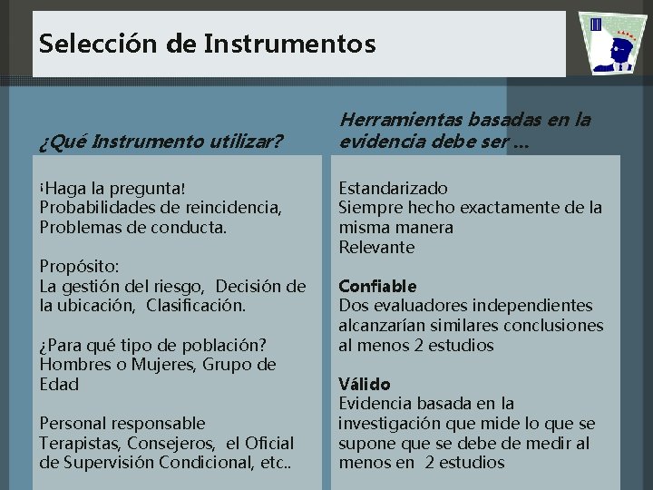 Selección de Instrumentos ¿Qué Instrumento utilizar? ꜟHaga la pregunta! Probabilidades de reincidencia, Problemas de