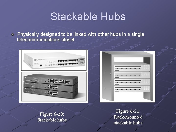 Stackable Hubs Physically designed to be linked with other hubs in a single telecommunications