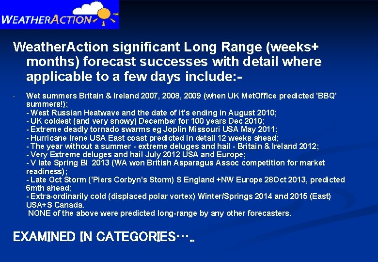 Weather. Action significant Long Range (weeks+ months) forecast successes with detail where applicable to