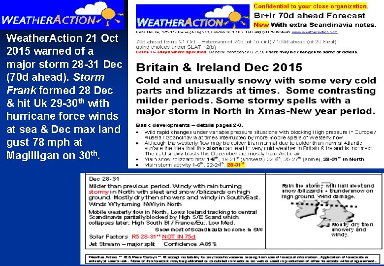 Weather. Action 21 Oct 2015 warned of a major storm 28 -31 Dec (70