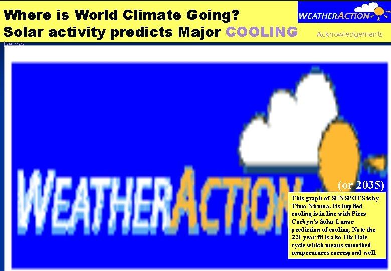 Where is World Climate Going? Solar activity predicts Major COOLING Acknowledgements below (or 2035)