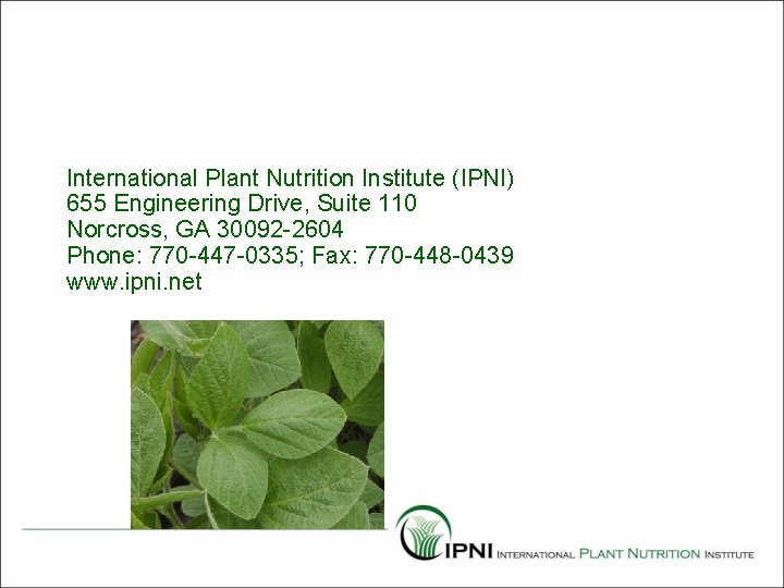 International Plant Nutrition Institute (IPNI) 655 Engineering Drive, Suite 110 Norcross, GA 30092 -2604