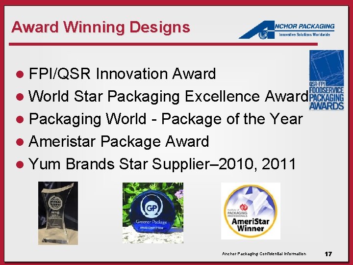 Award Winning Designs l FPI/QSR Innovation Award l World Star Packaging Excellence Award l