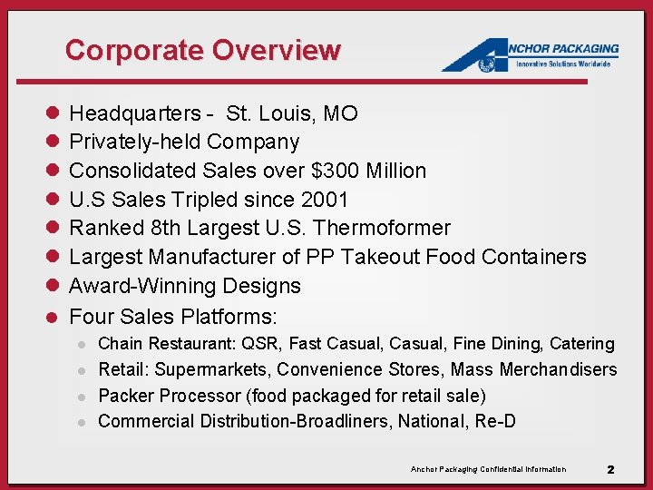 Corporate Overview l l l l Headquarters - St. Louis, MO Privately-held Company Consolidated