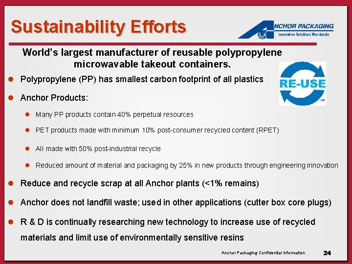 Sustainability Efforts World’s largest manufacturer of reusable polypropylene microwavable takeout containers. l Polypropylene (PP)