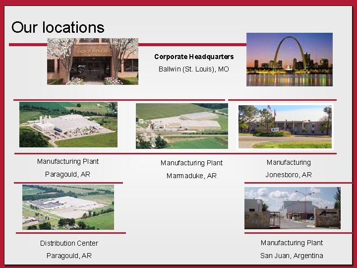 Our locations Corporate Headquarters Ballwin (St. Louis), MO Manufacturing Plant Manufacturing Paragould, AR Marmaduke,
