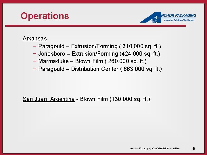 Operations Arkansas − Paragould – Extrusion/Forming ( 310, 000 sq. ft. ) − Jonesboro
