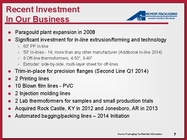 Recent Investment In Our Business Paragould plant expansion in 2008 l Significant investment for Recent Investment In Our Business Paragould plant expansion in 2008 l Significant investment for