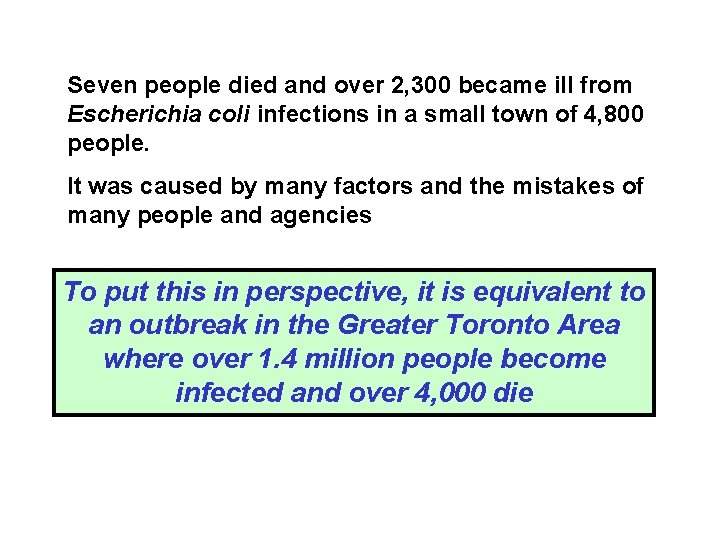 Seven people died and over 2, 300 became ill from Escherichia coli infections in