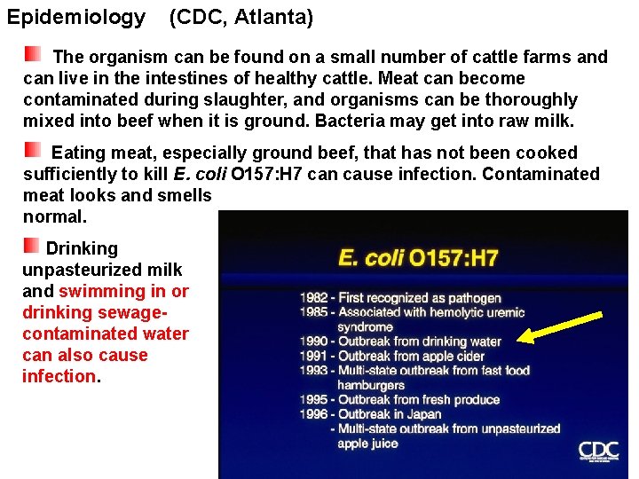 Epidemiology (CDC, Atlanta) The organism can be found on a small number of cattle