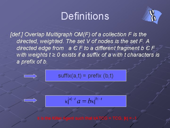 Definitions [def. ] Overlap Multigraph OM(F) of a collection F is the directed, weighted.