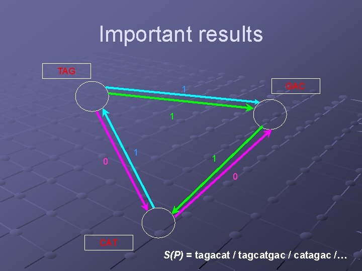 Important results TAG GAC 1 1 0 CAT S(P) = tagacat / tagcatgac /