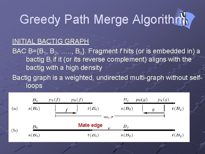 Greedy Path Merge Algorithm INITIAL BACTIG GRAPH BAC B={B 1, B 2, …. .