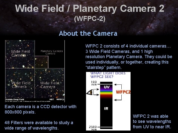 Wide Field / Planetary Camera 2 (WFPC-2) About the Camera WFPC 2 consists of Wide Field / Planetary Camera 2 (WFPC-2) About the Camera WFPC 2 consists of