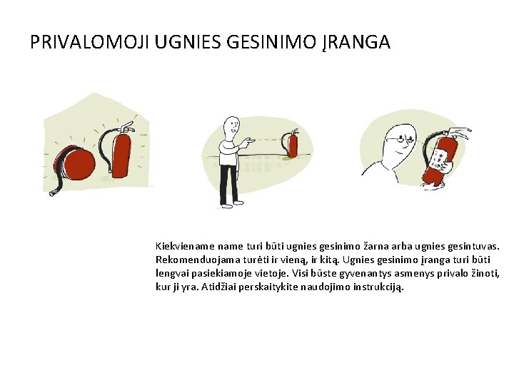 PRIVALOMOJI UGNIES GESINIMO ĮRANGA Kiekviename turi būti ugnies gesinimo žarna arba ugnies gesintuvas. Rekomenduojama