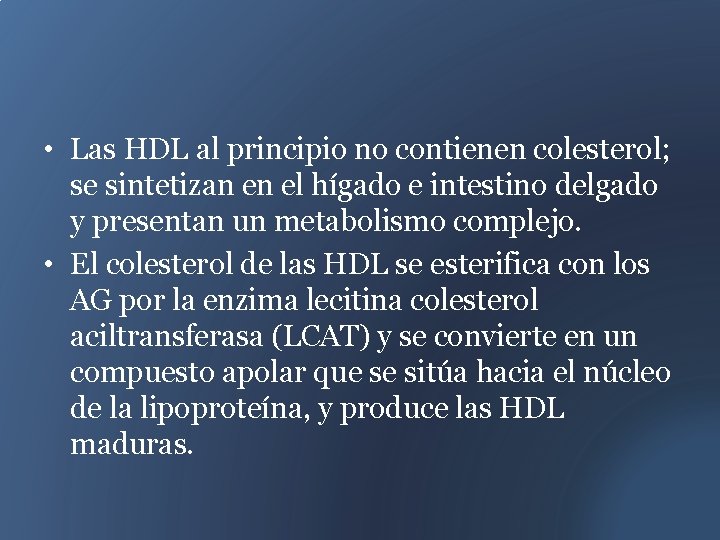  • Las HDL al principio no contienen colesterol; se sintetizan en el hígado