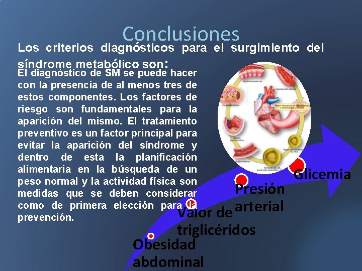 Conclusiones Los criterios diagnósticos para el surgimiento del síndrome metabólico son: El diagnóstico de