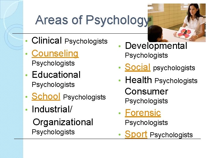 Areas of Psychology Clinical Psychologists • Counseling • Psychologists • Educational Psychologists School Psychologists