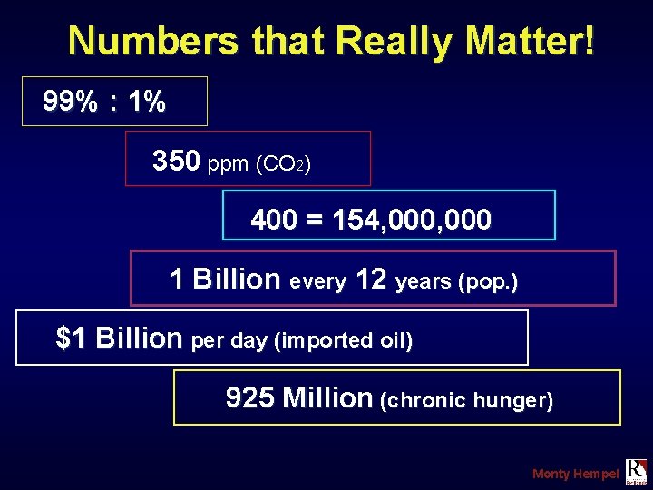  Numbers that Really Matter! 99% : 1% 350 ppm (CO 2) 400 =