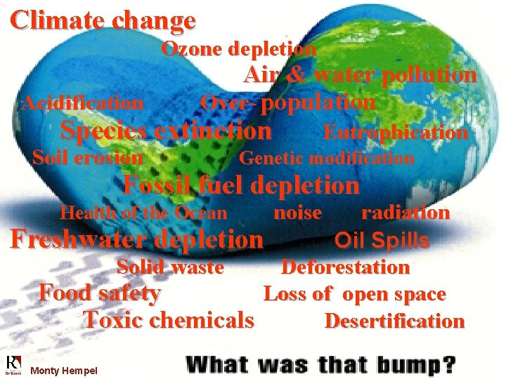 Climate change Ozone depletion Acidification Air & water pollution Over- population Species extinction Soil